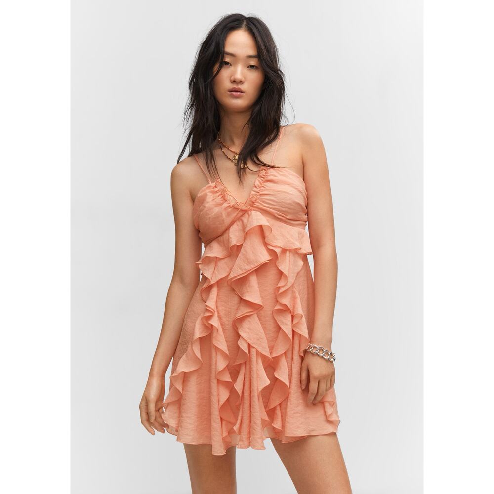 Mango NWT Peach Ruffle Mini Dress Tencel Lyocell 6 8 - Picture 15 of 16